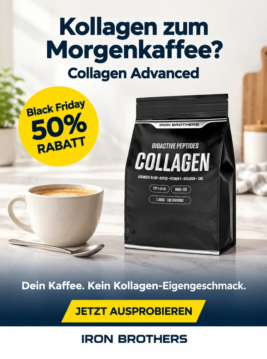 Gewinner-Ad Iron Brothers: Kollagen zum Morgenkaffee? Black Friday 50 % Rabatt